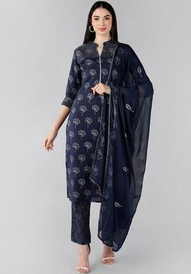 Navy Blue Printed Cotton Kurta Set