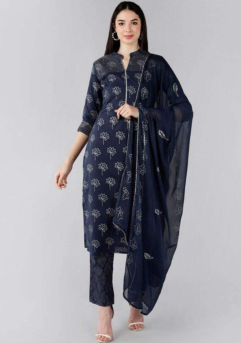 Navy Blue Printed Cotton Kurta Set - Indya