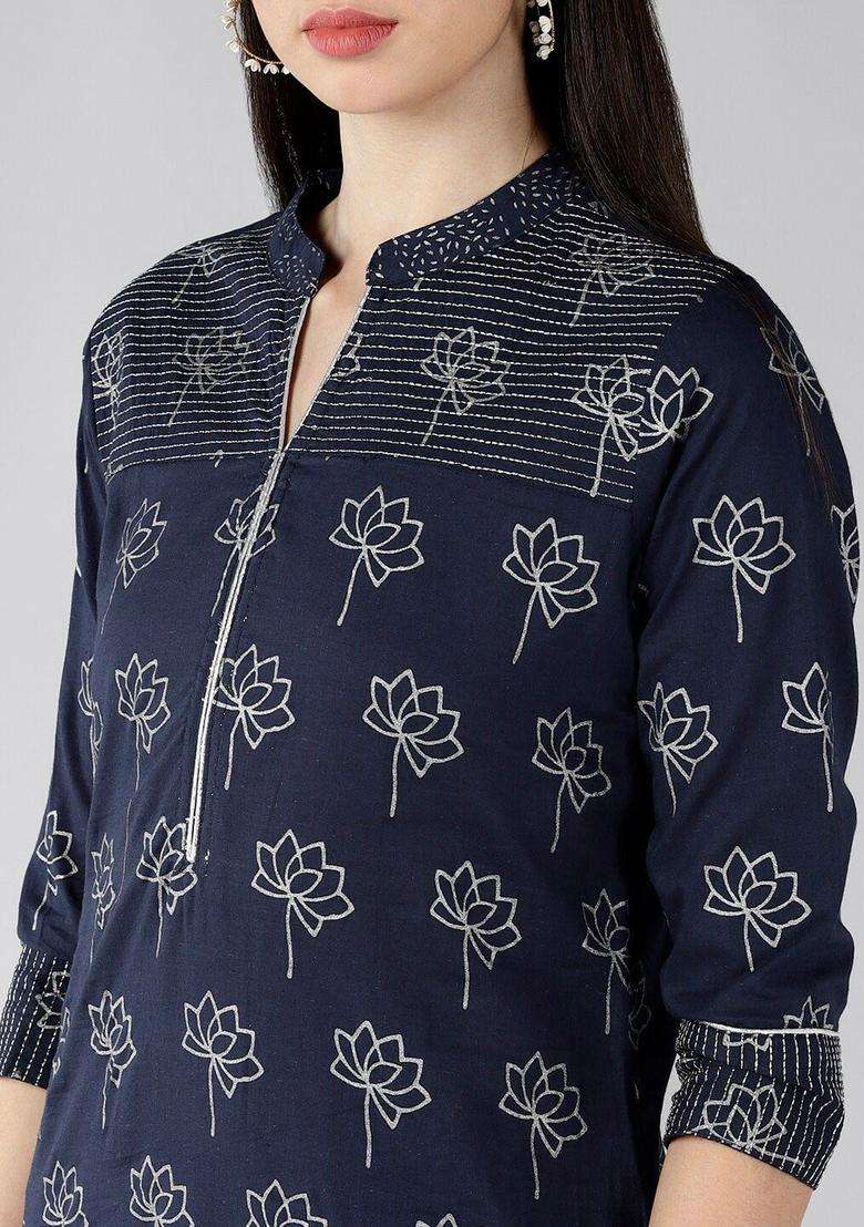 Navy Blue Printed Cotton Kurta Set - Indya