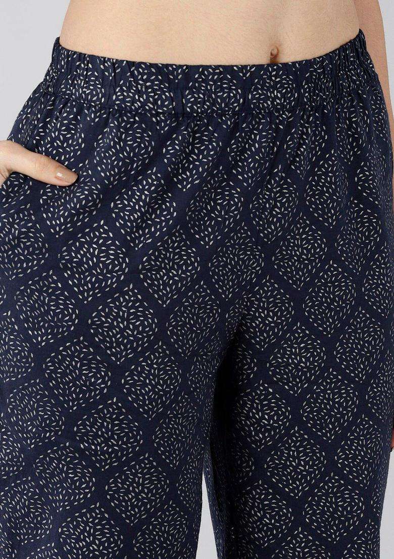 Navy Blue Printed Cotton Kurta Set - Indya
