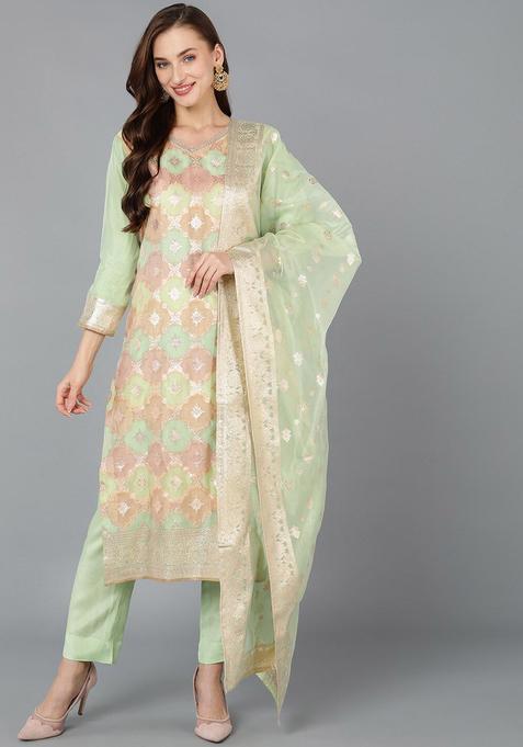 Lime Green Woven Design Chanderi Kurta Set — view on Indya