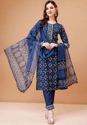 Blue Printed Viscose Kurta Set