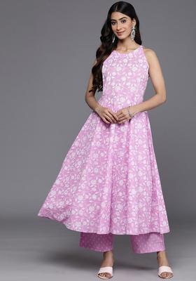 Lavender Printed Cotton Anarkali Set