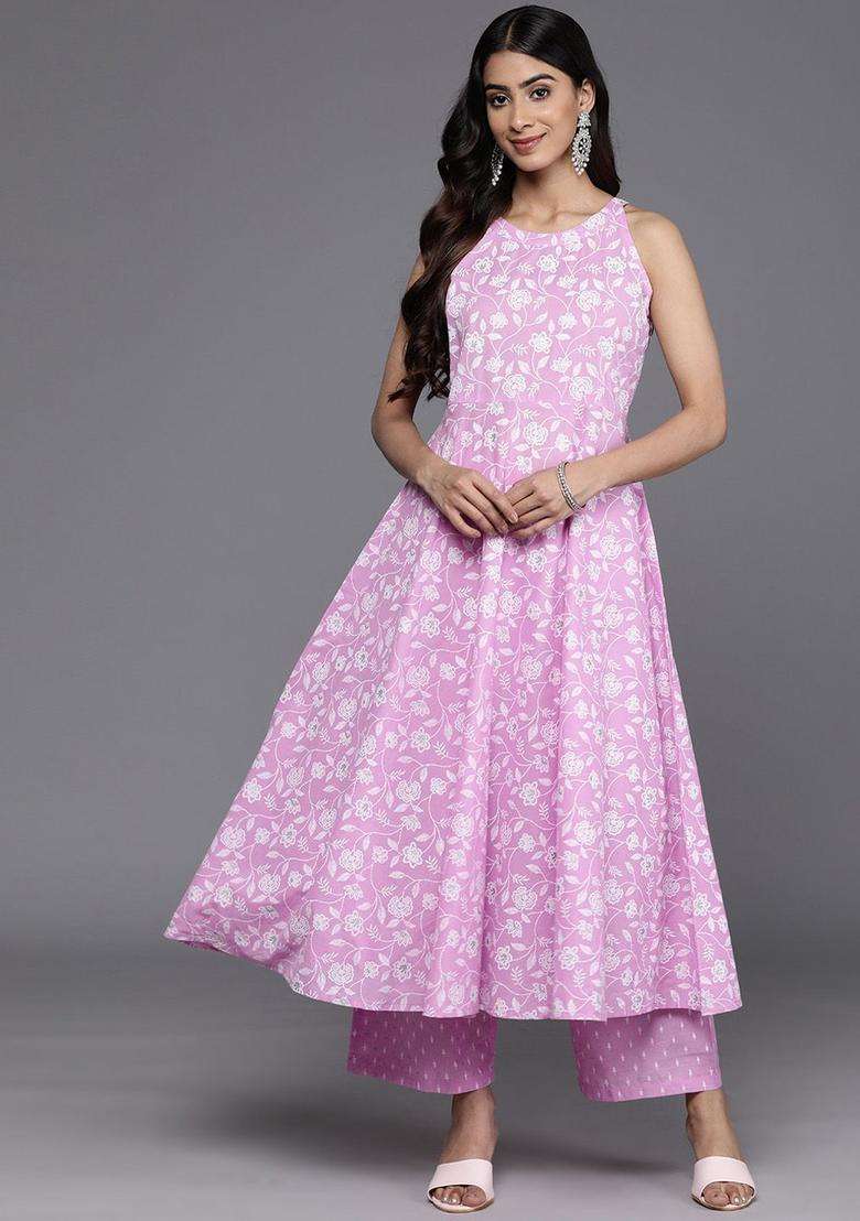 Lavender Printed Cotton Anarkali Set - Indya