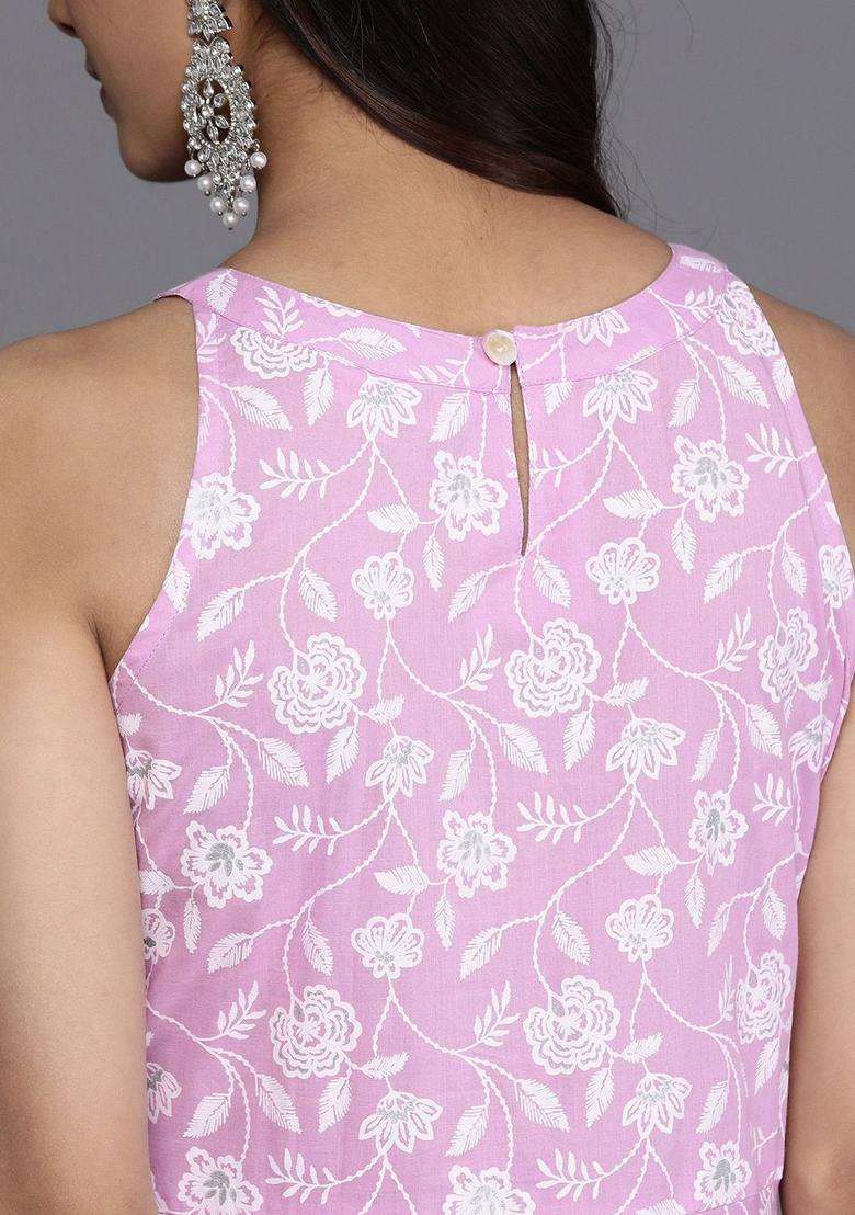 Lavender Printed Cotton Anarkali Set - Indya