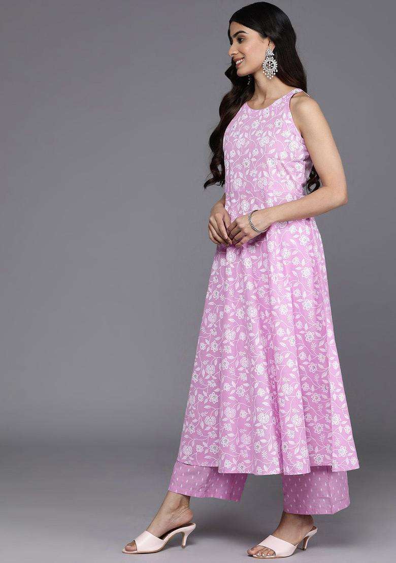 Lavender Printed Cotton Anarkali Set - Indya