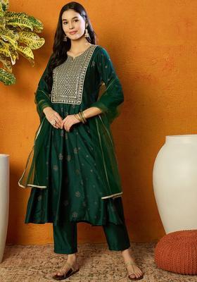 Green Embroidered Silk Anarkali Set