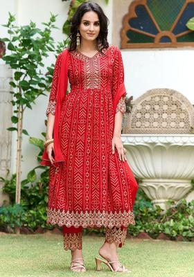 Red Embroidered Viscose Kurta Set
