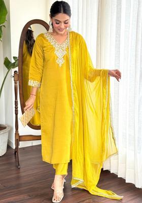 Mustard Embroidered Georgette Kurta Set