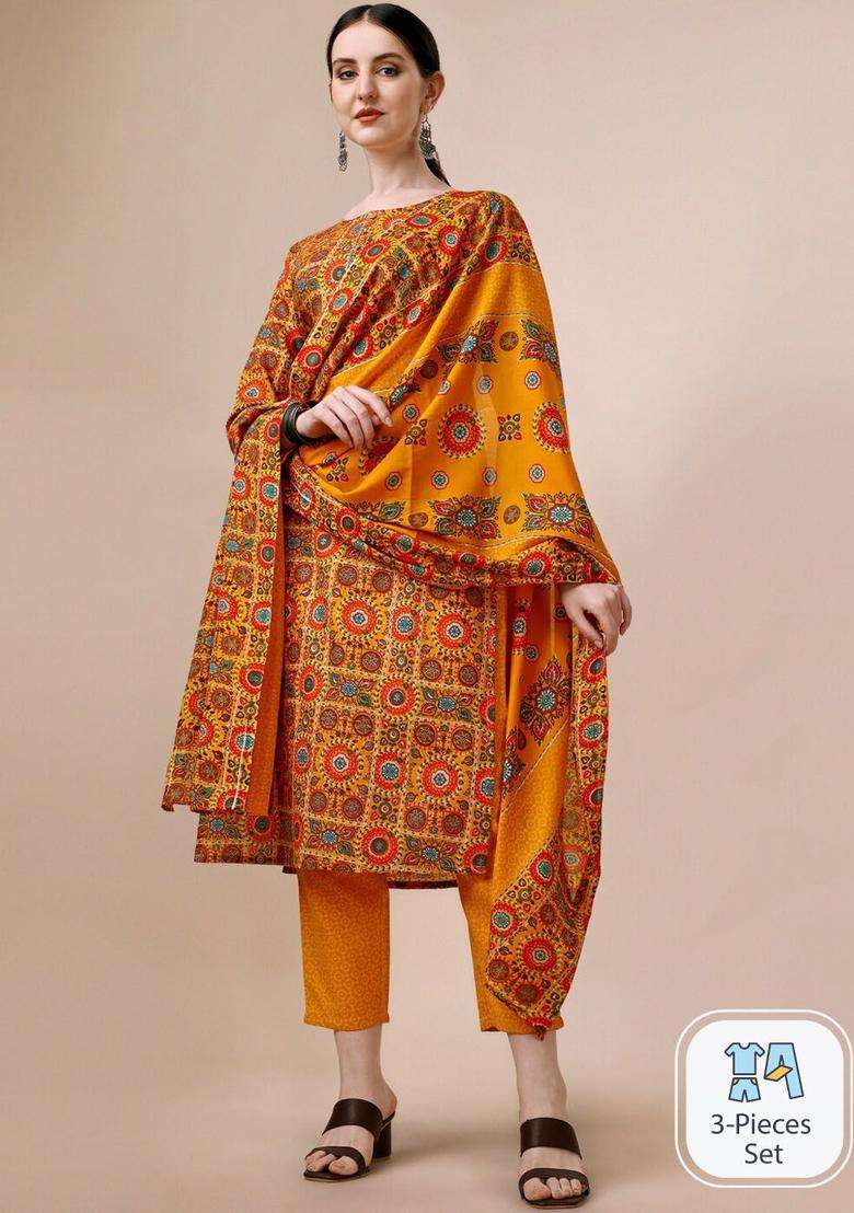 Yellow Printed Cotton Kurta Set - Indya