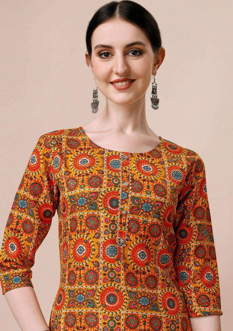 Yellow Printed Cotton Kurta Set - Indya