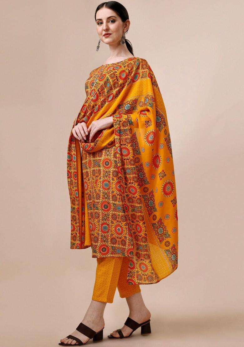Yellow Printed Cotton Kurta Set - Indya