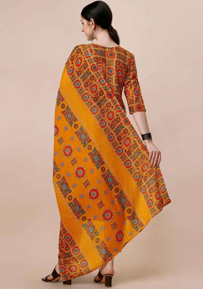 Yellow Printed Cotton Kurta Set - Indya
