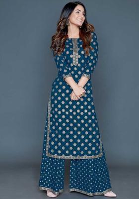 Teal Printed Viscose Kurta Set