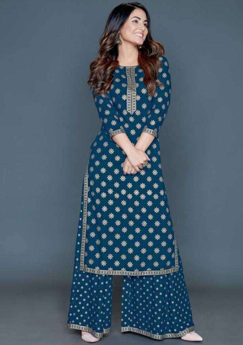 Teal Printed Viscose Kurta Set - Indya