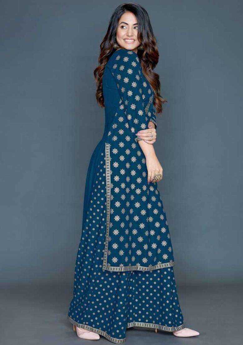 Teal Printed Viscose Kurta Set - Indya