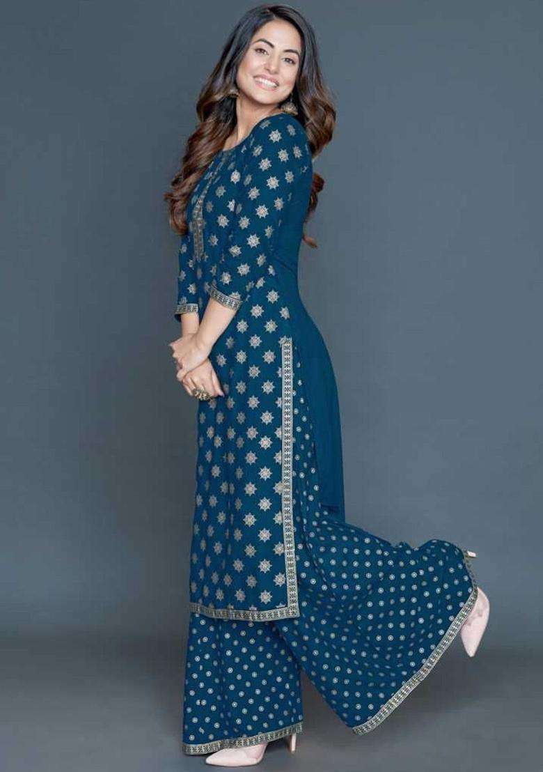 Teal Printed Viscose Kurta Set - Indya