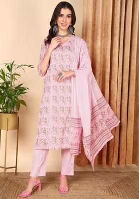 Pink Printed Cotton Kurta Set