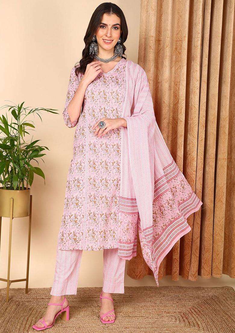 Pink Printed Cotton Kurta Set - Indya