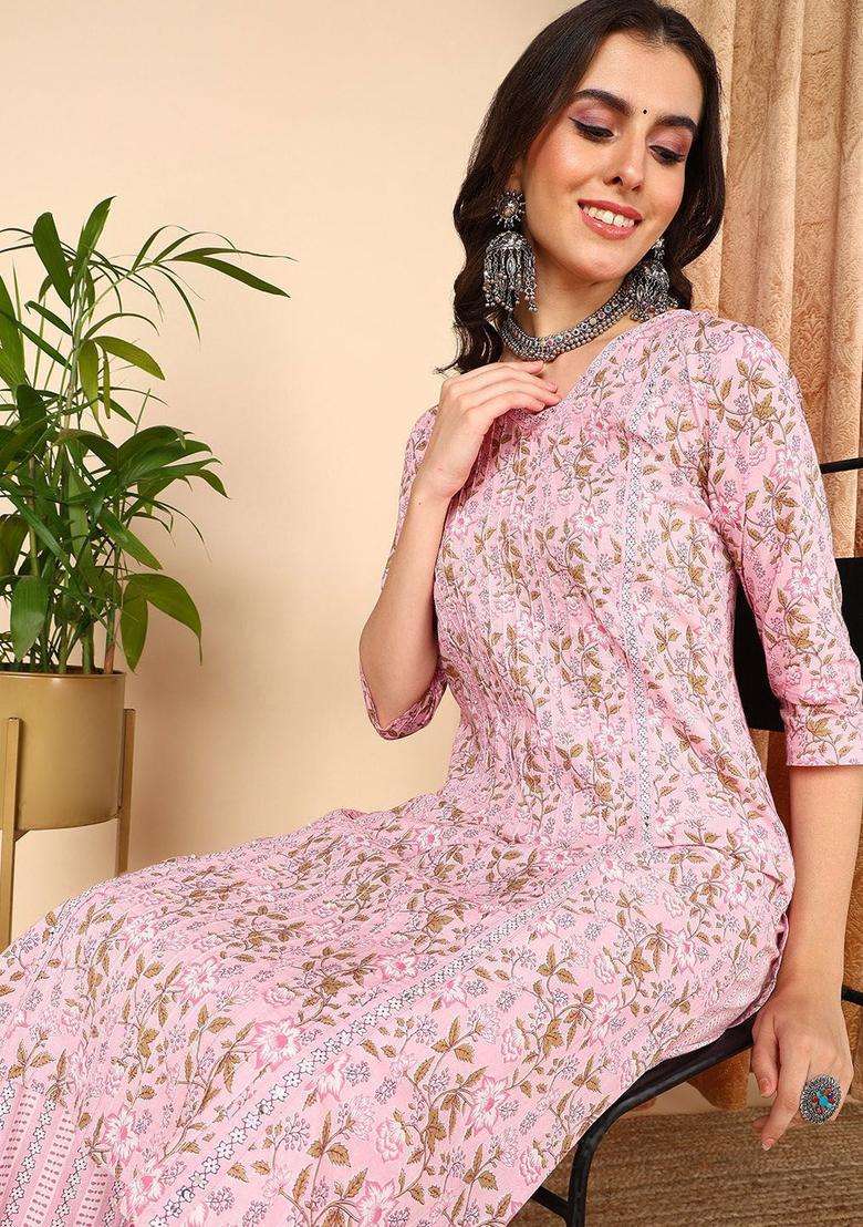 Pink Printed Cotton Kurta Set - Indya