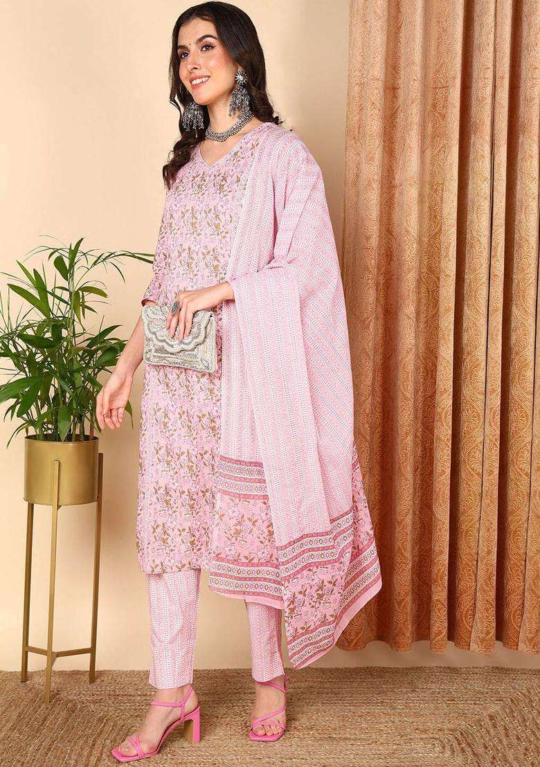 Pink Printed Cotton Kurta Set - Indya