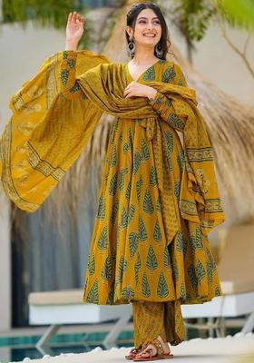 Mustard Printed Viscose Kurta Set