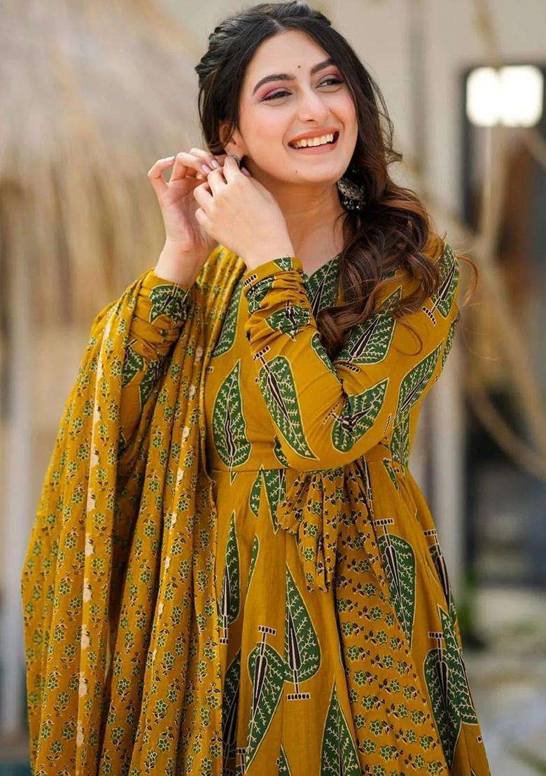 Mustard Printed Viscose Kurta Set - Indya