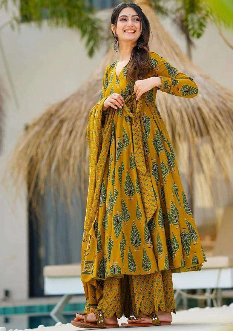 Mustard Printed Viscose Kurta Set - Indya