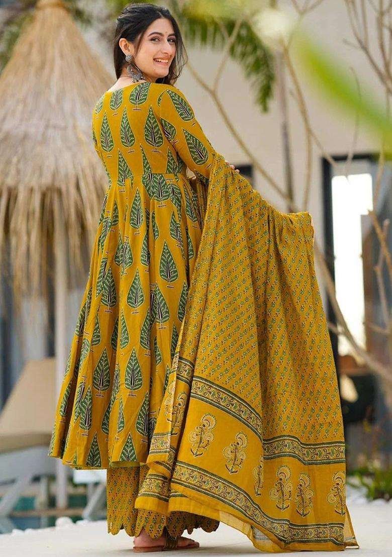 Mustard Printed Viscose Kurta Set - Indya