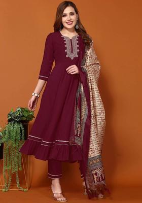 Maroon Embroidered Silk Anarkali Set