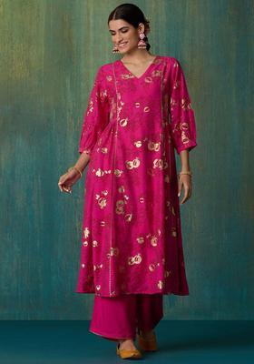 Pink Printed Viscose Anarkali Set