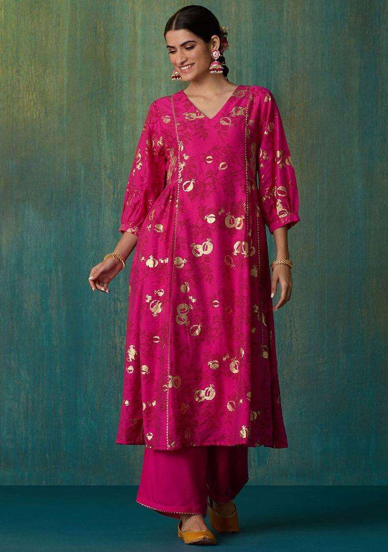 Pink Printed Viscose Anarkali Set - Indya