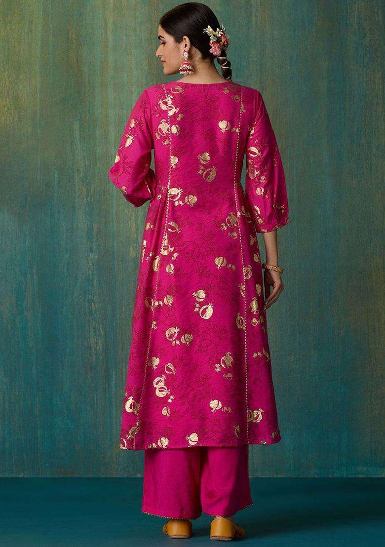 Pink Printed Viscose Anarkali Set - Indya