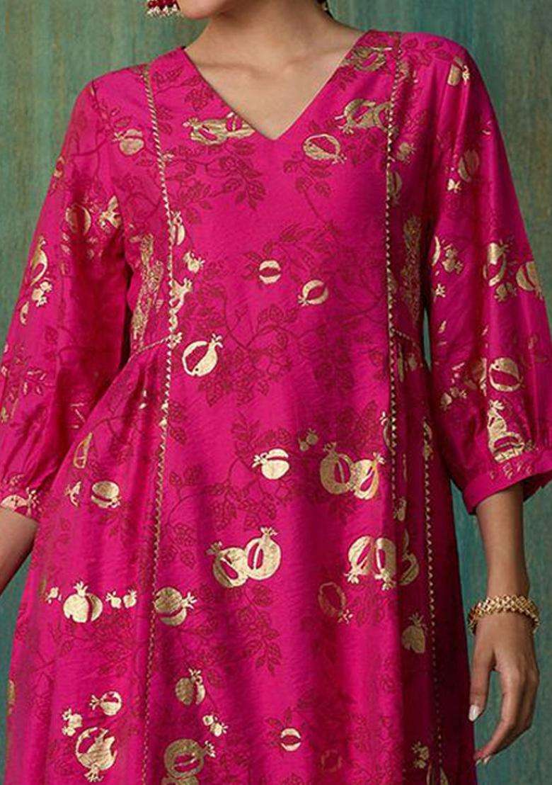 Pink Printed Viscose Anarkali Set - Indya