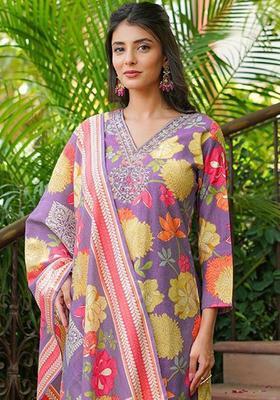 Purple Printed Viscose Kurta Set