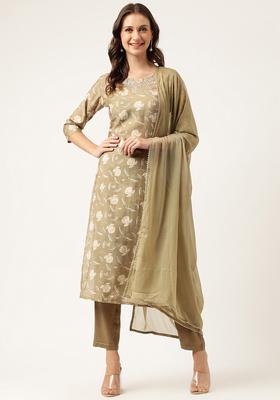 Olive Printed Cotton Kurta Set