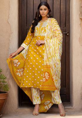 Yellow Printed Cotton Kurta Set
