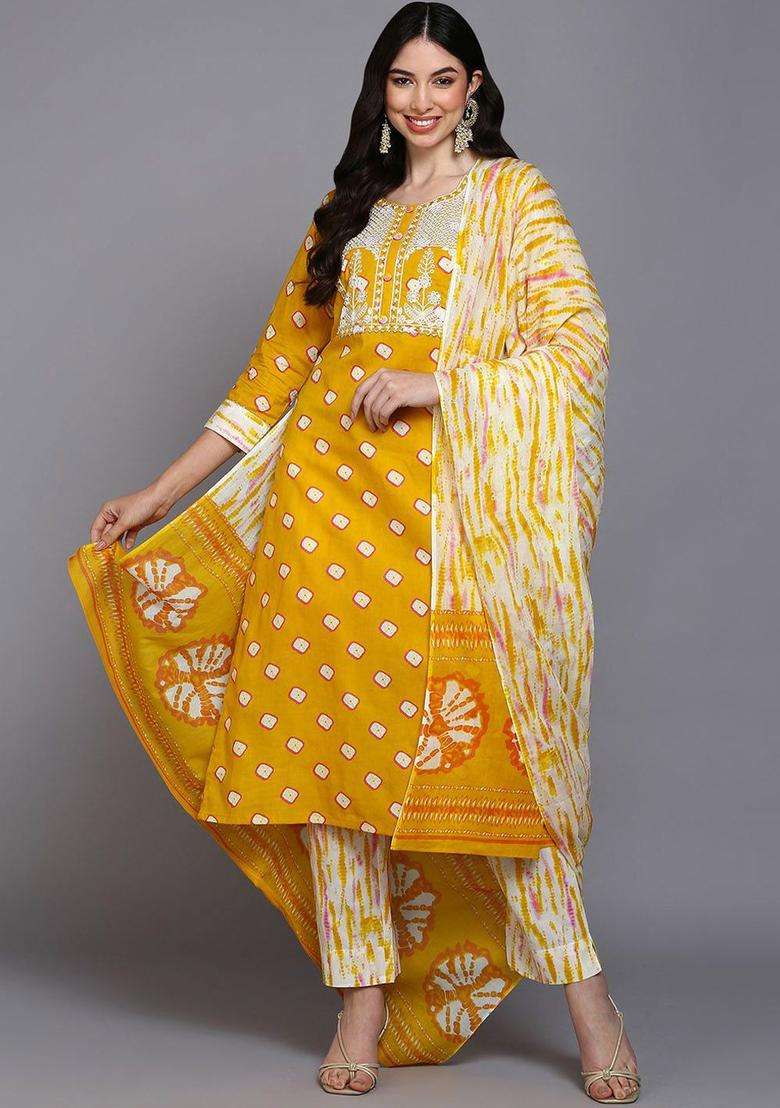 Yellow Printed Cotton Kurta Set - Indya
