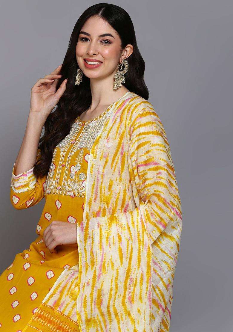Yellow Printed Cotton Kurta Set - Indya
