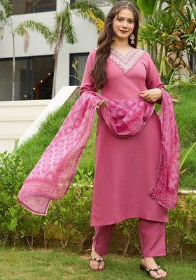Rose Embroidered Viscose Kurta Set