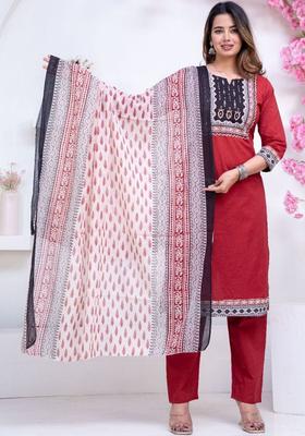 Red Printed Cotton Kurta Set