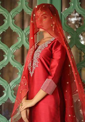 Maroon Embroidered Silk Kurta Set