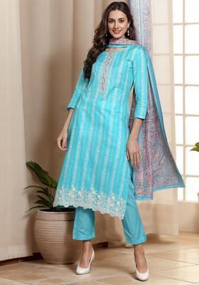 Turquoise Blue Printed Viscose Kurta Set