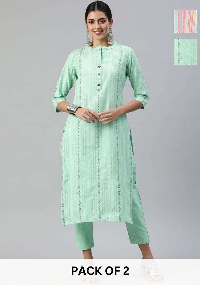 Green Self Design Cotton Kurta Set - Indya