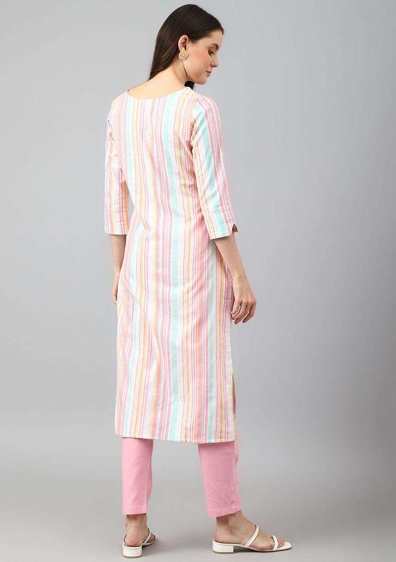 Green Self Design Cotton Kurta Set - Indya