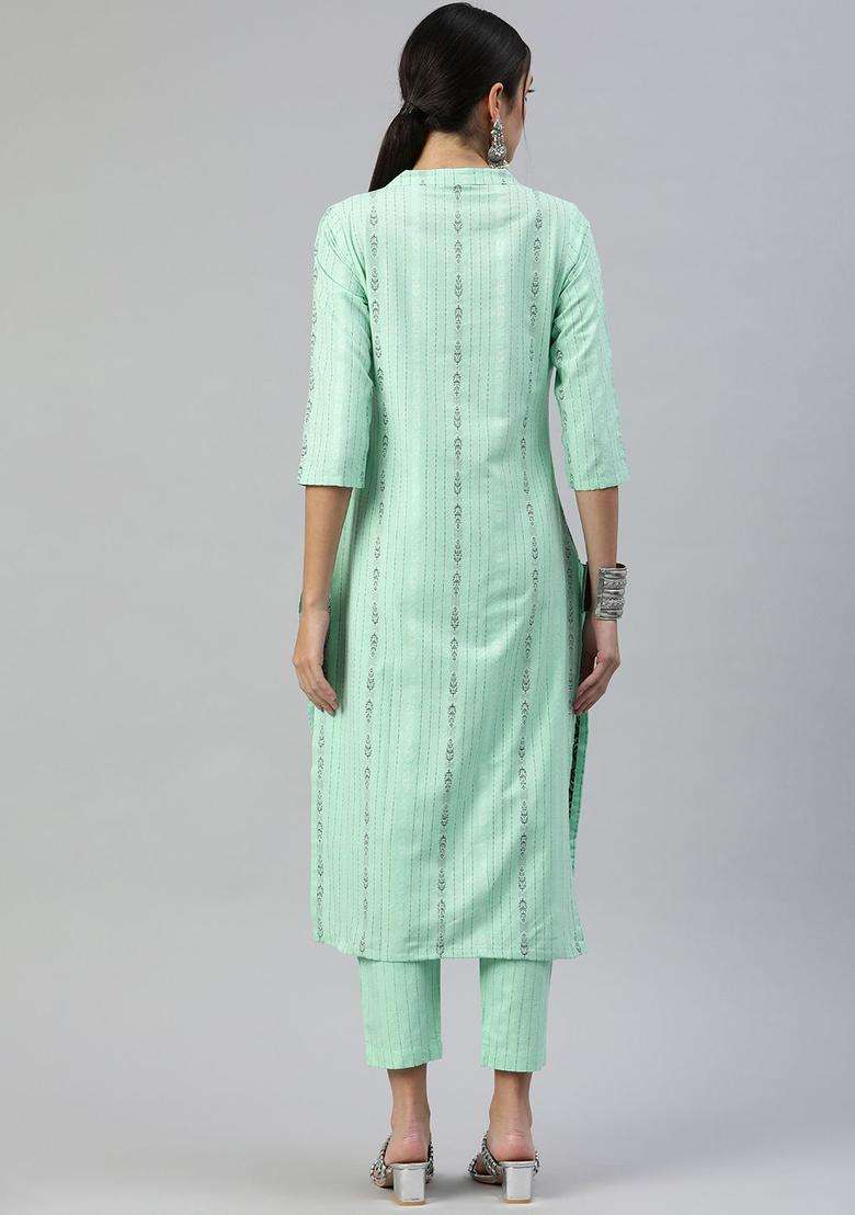 Green Self Design Cotton Kurta Set - Indya