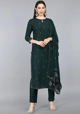 Green Printed Silk Kurta Set