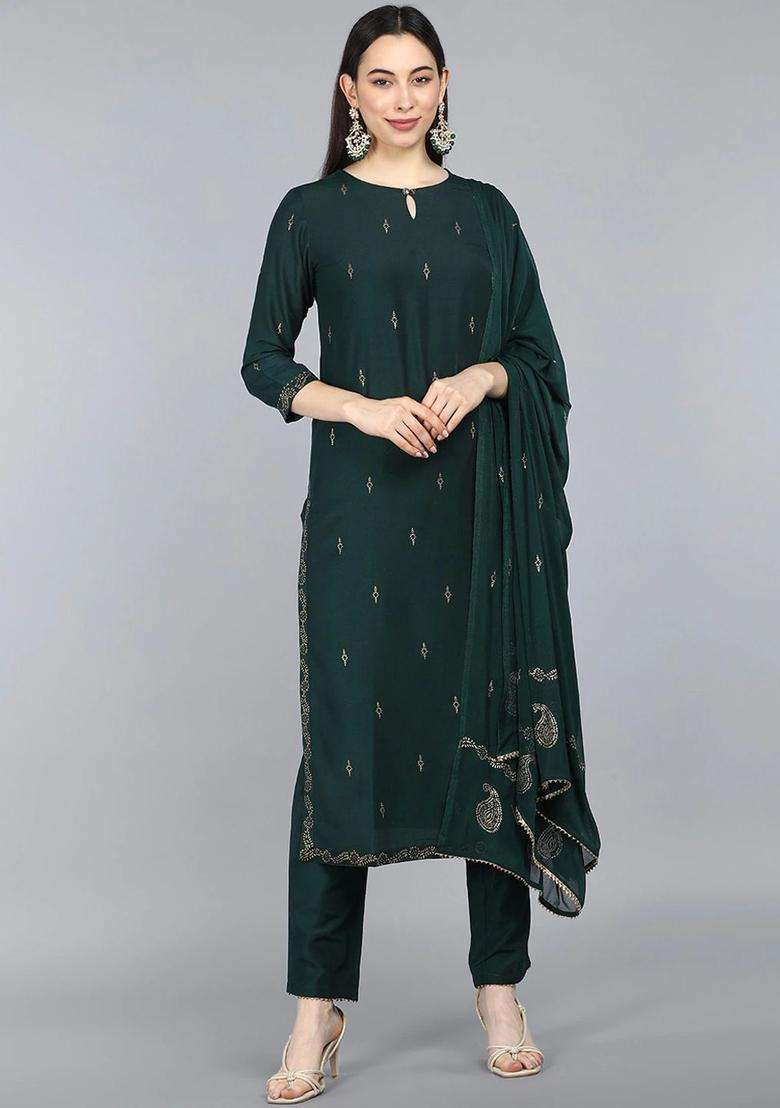 Green Printed Silk Blend Kurta Set - Indya