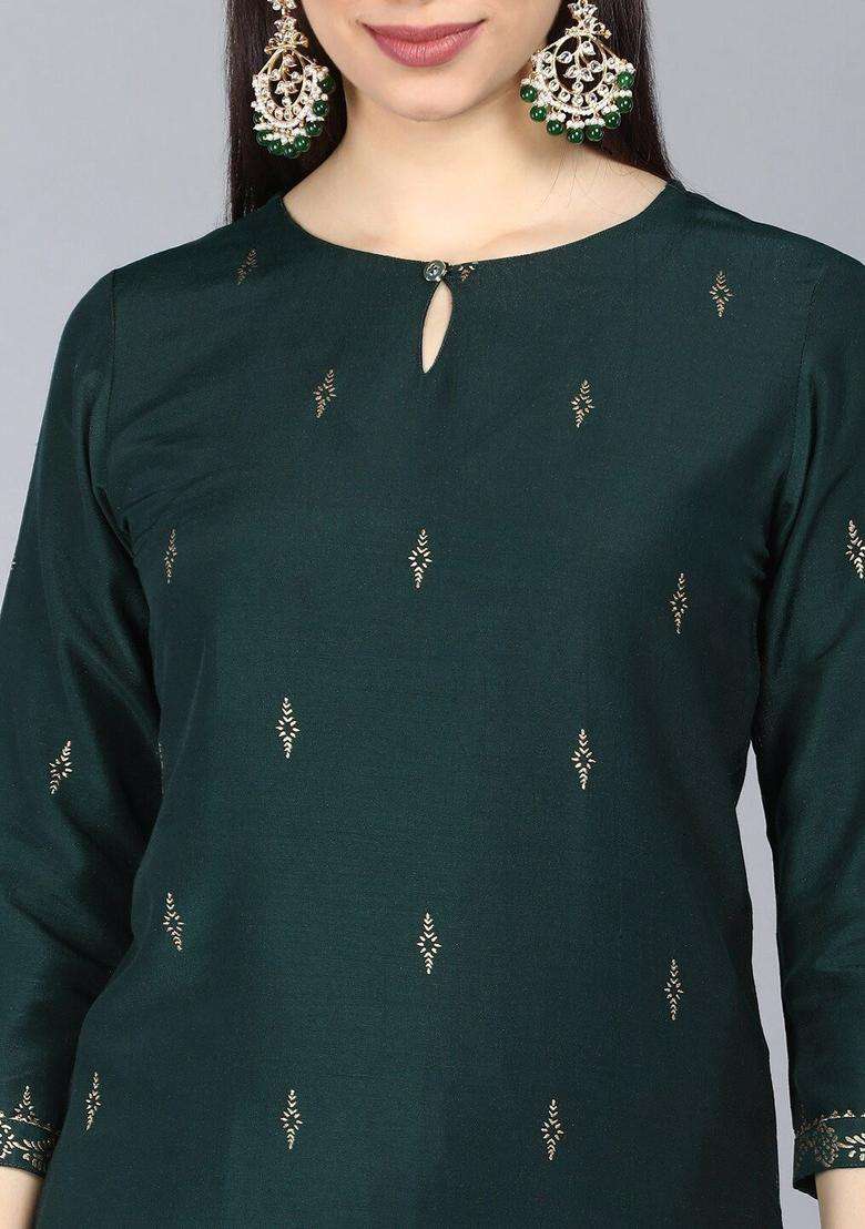 Green Printed Silk Blend Kurta Set - Indya