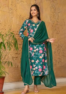 Green Printed Viscose Kurta Set